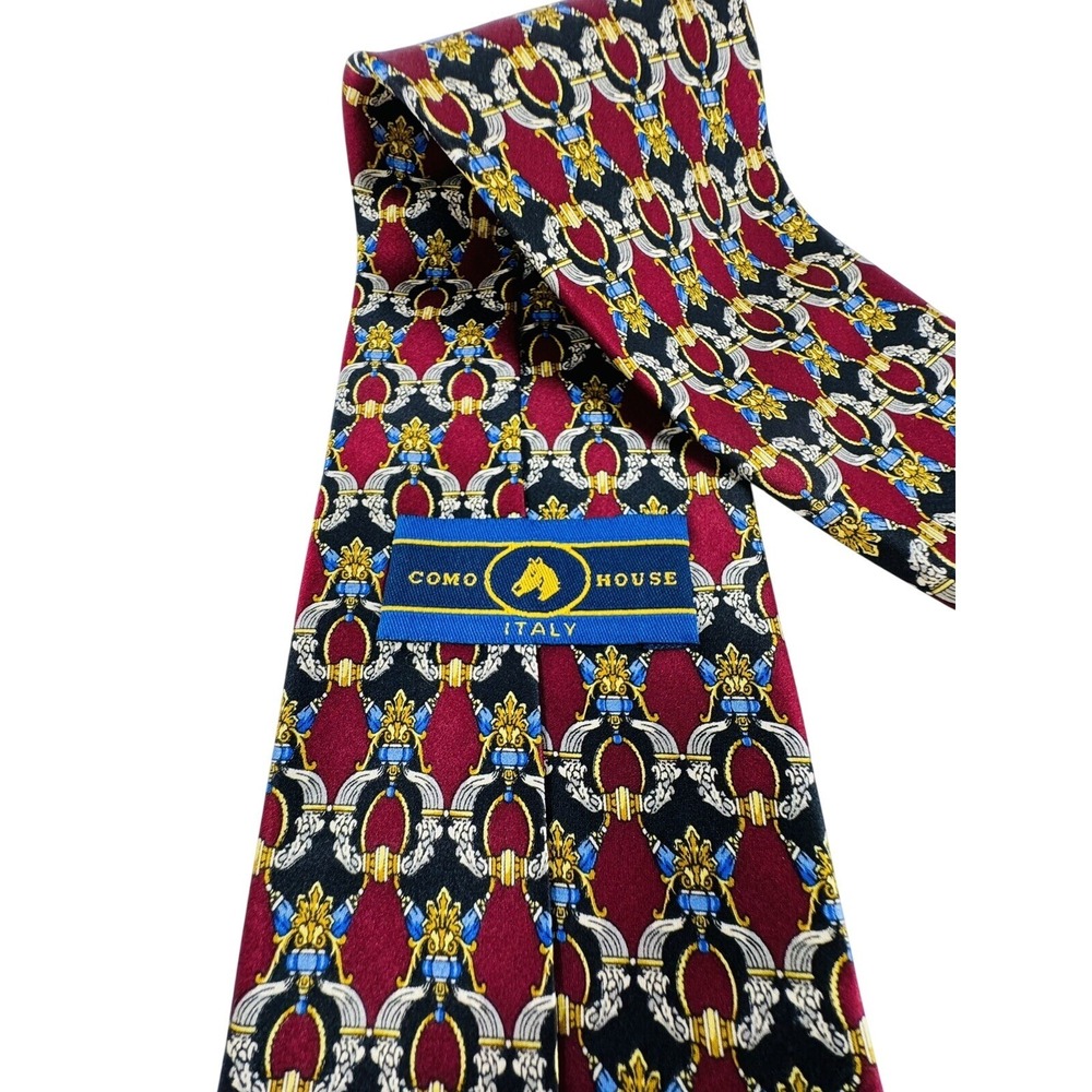 Como House Italy Silk Tie Burgundy Gold Baroque Crest Geometric Mens Necktie